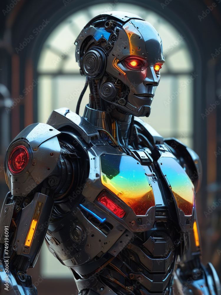Metallic robot in modern colors, Future AI, Mechanical scourge of humans, generative AI Metallic robot in modern colors, Future AI, Mechanical scourge of humans, generative AI