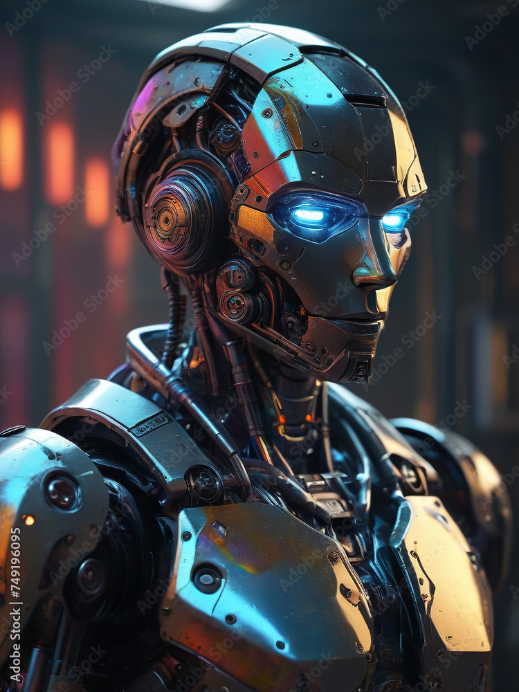 Metallic robot in modern colors, Future AI, Mechanical scourge of humans, generative AI Metallic robot in modern colors, Future AI, Mechanical scourge of humans, generative AI