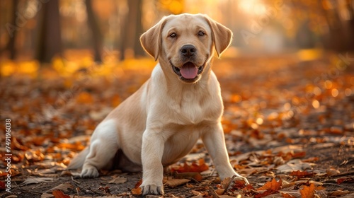 a dog sitting in the middle of a leaf covered forest with its tongue out and it's tongue out. © Viktor