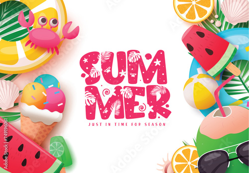 Summer text greeting vector template design. Summer greeting text with floaters, ice cream, coconut, and watermelon tropical elements for seasonal holiday template. Vector illustration summer time 