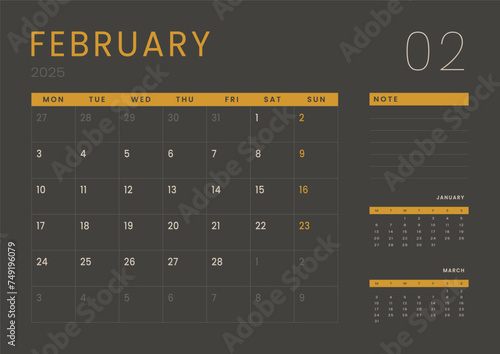 Monthly page Calendar Planner Templates of February 2025. Vector layout of simple calendar with week start Monday for print. Page for size A4 or 21x29.7 cm in dark color