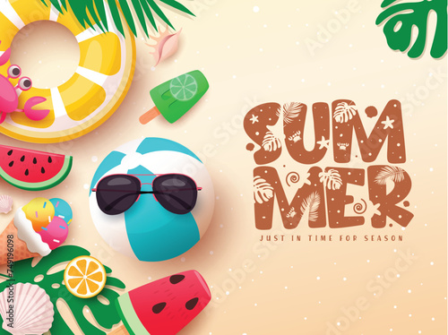 Summer greeting text vector template design. Summer text greeting with beachball, floaters, sunglasses and ice cream in sand seashore background. Vector illustration summer tropical season design.
