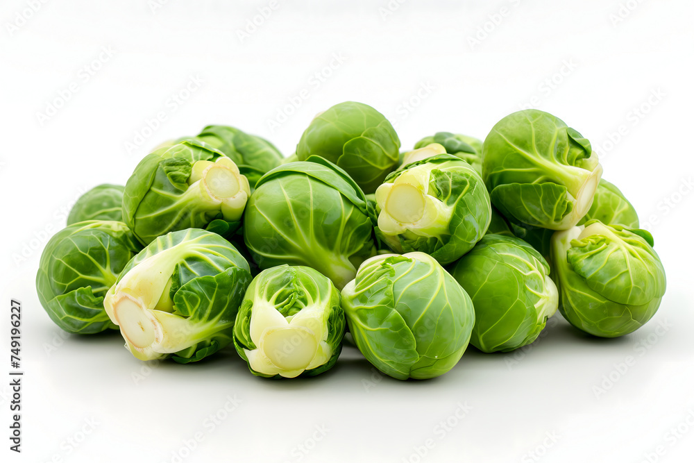 Small heap of brussels sprouts on white background. Neural network generated image. Not based on any actual scene or pattern. Small heap of brussels sprouts on white background. Neural network generated image. Not based on any actual scene or pattern.