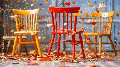 a group of three wooden chairs sitting next to each other on top of a floor covered in leaves and falling leaves. photo