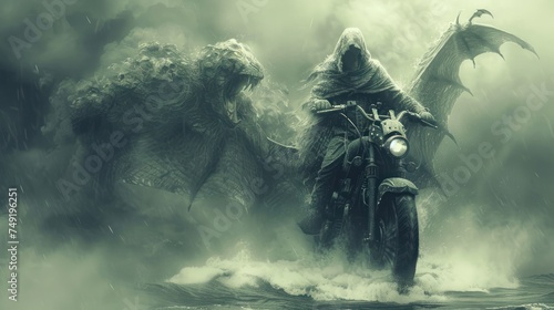 a man riding on the back of a motorcycle next to a giant monster in the middle of a foggy sky.
