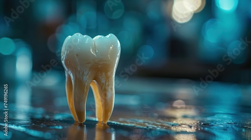 a tooth model sitting on top of a counter top in front of a blurry image of a building in the background. photo