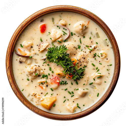 top view of a delicious-looking New England Clam Chowder Soup kept in food photography style isolated on a white transparent background