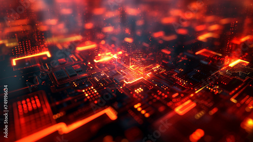 Abstract futuristic background in red and yellow colors. Digital technologies, abstract microcircuits and processors. Bokeh effect. AI generative