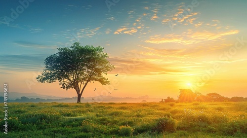 World environment day concept: Calm of country meadow sunrise landscape background.