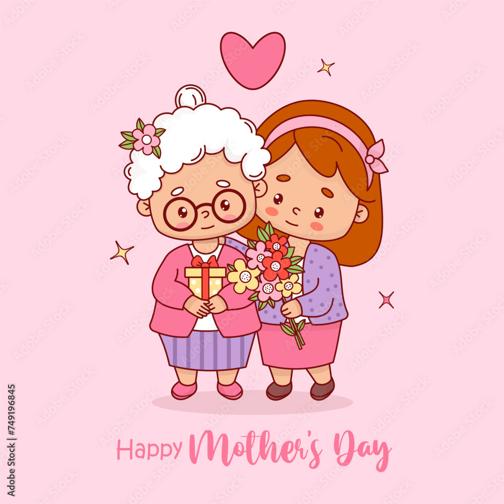 Cute festive elderly woman mother with adult daughter with bouquet of flowers and gift. Mother's Day card. Vector illustration flat cartoon style. Positive holiday female character Cute festive elderly woman mother with adult daughter with bouquet of flowers and gift. Mother's Day card. Vector illustration flat cartoon style. Positive holiday female character