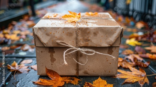 a present box wrapped in brown paper and tied with a string with autumn leaves on the ground next to it. photo