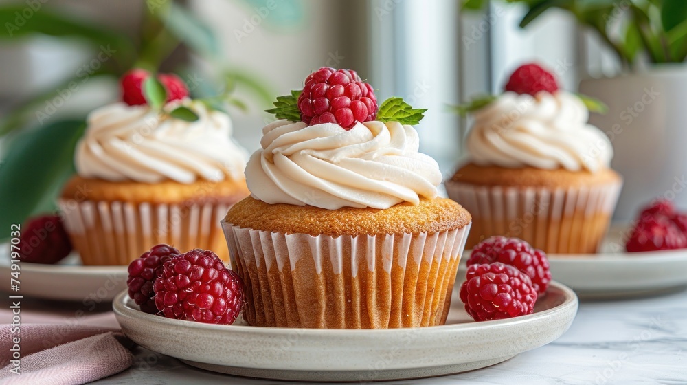 a close up of a plate of cupcakes with frosting and raspberries on top of them.
