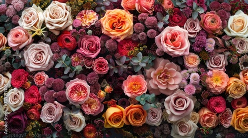 a bunch of flowers that are all over the place in front of a wall that is covered in pink, orange, and red flowers. photo