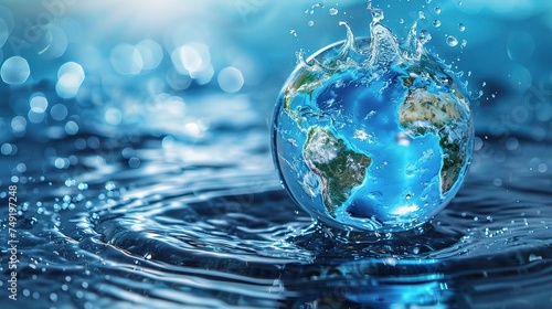 World Water Day concept with world in clean water drop on and fresh blue water ripples design  Environment save and ecology theme concept