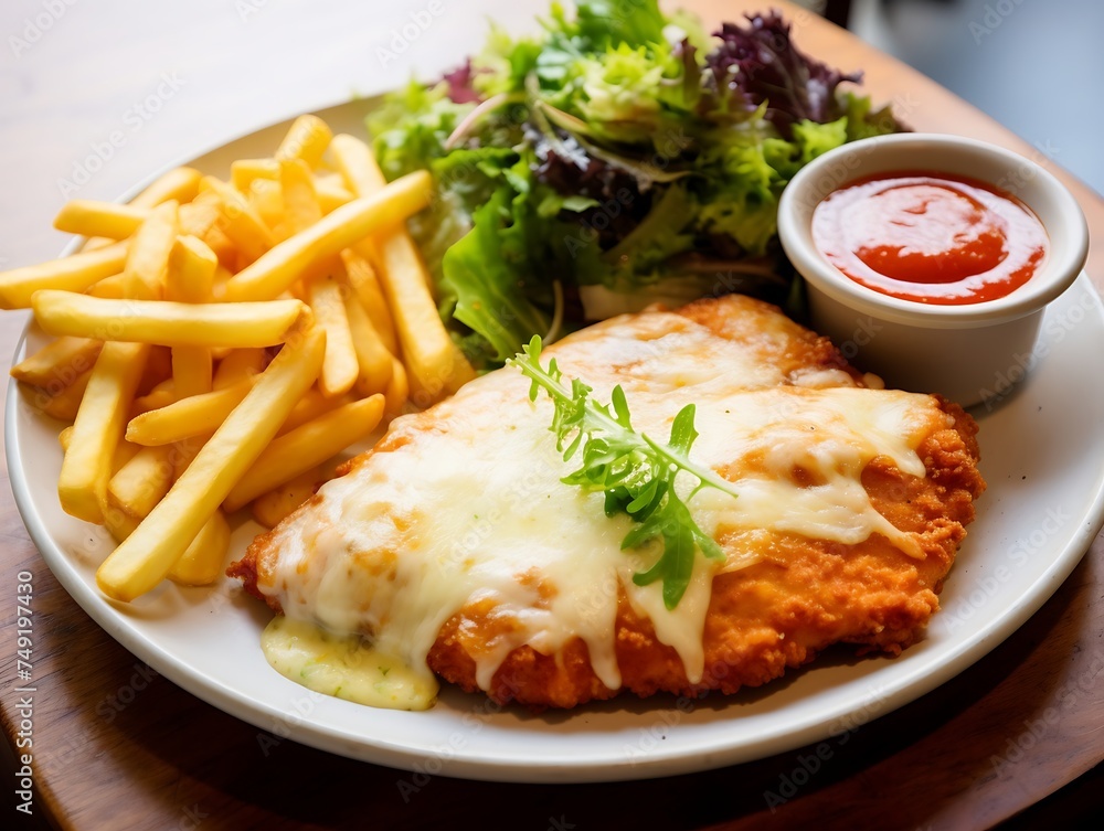 Fried chicken fillet with cheese sauce and french fries on wooden table Fried chicken fillet with cheese sauce and french fries on wooden table