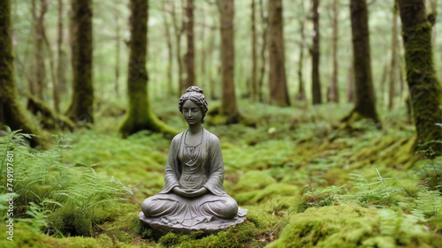 Stone figurine meditating in the middle of the forest, generative AI © 4K_Heaven