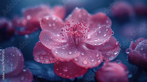a close up of a pink flower with drops of water on it's petals and a dark blue background.
