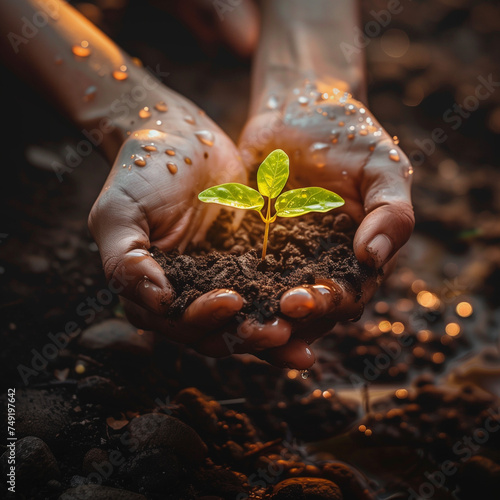 Hands holding a small plant growing from parched earth, conveying themes of growth, resilience, and the power of nurturing, with droplets of water on the soil reflecting the light, emphasizing care an