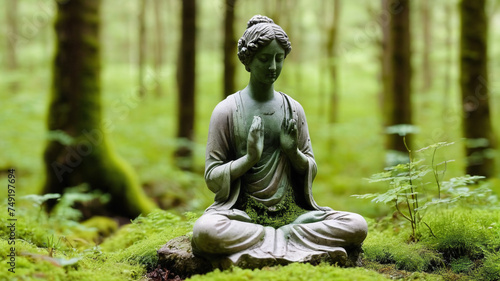 Stone figurine meditating in the middle of the forest  generative AI