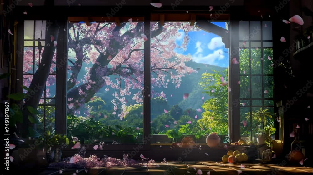 Outside the window, a picturesque view emerges with blooming sakura trees, crafting a tranquil scene, seamless looping time-lapse animation video background by AI. Outside the window, a picturesque view emerges with blooming sakura trees, crafting a tranquil scene, seamless looping time-lapse animation video background by AI.