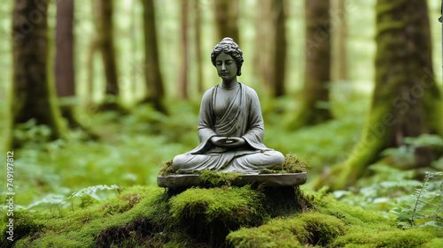 Stone figurine meditating in the middle of the forest  generative AI