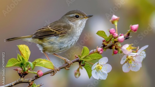 a small bird sitting on a branch of a tree with flowers in the foreground and a blurry background.