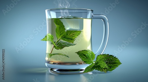 a cup of green tea with a sprig of mint on the side and steam coming out of it. photo