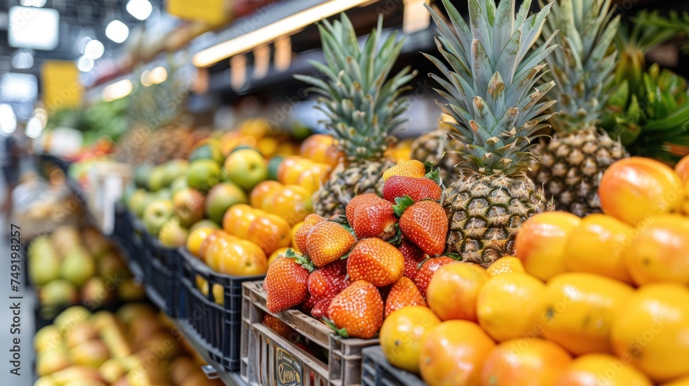 a fruit stand with pineapples, oranges, strawberries, and strawberries on display in a grocery store.