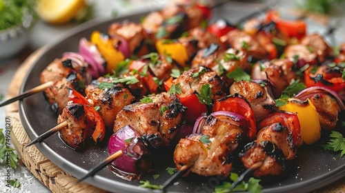 a close up of a plate of food with skewers of skewers of meat and veggies.