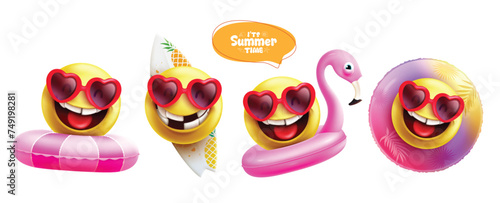Summer emoticon emoji vector set. Summertime emojis in funny and cute wearing sunglasses, floaters, flamingo and surfboard beach elements for tropical season emoticons collection. Vector illustration 