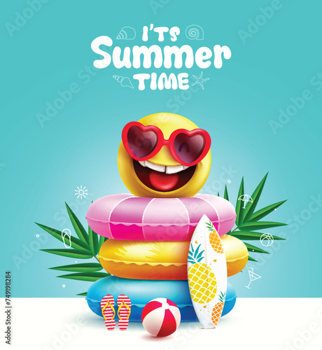 Summer time greeting vector design. Summer time text with emoji smiling wearing sunglasses and beach floaters for tropical season concept. Vector illustration summer greeting design. 
