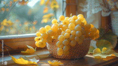 a basket filled with yellow berries sitting on top of a window sill next to a leaf filled window sill. photo
