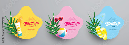 Summer time greeting vector set design. It's summer time text with sunblock, beachball and flipflop beach elements template lay out collection. Vector illustration summer tropical design.
