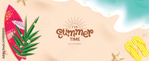 Summer time greeting vector design. It's summer time text in sand space with surfboard, palm leaf and flipflop elements for tropical season background. Vector illustration summer time greeting design. photo