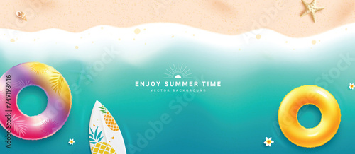 Summer time text vector banner background. Summer time greeting with floaters and surfboard elements in beach seashore top view background. Vector illustration summer greeting banner. 
