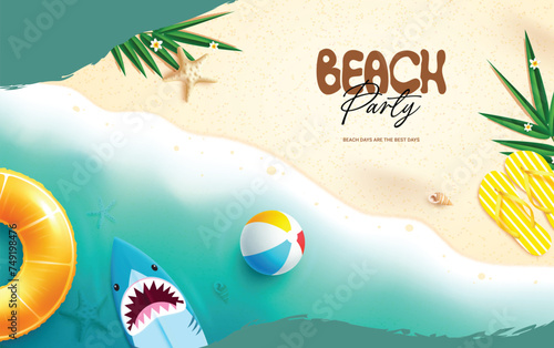 Summer beach party vector banner. Summer time greeting in beach seashore background for tropical season event and occasion invitation design. Vector illustration summer party invitation banner.  
