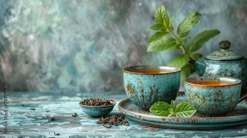 Herbal tea background. Tea cups with various dried tea leaves and flowers were shot from above on a rustic wooden table. Assortment of dry tea in ceramic bowls with copy space