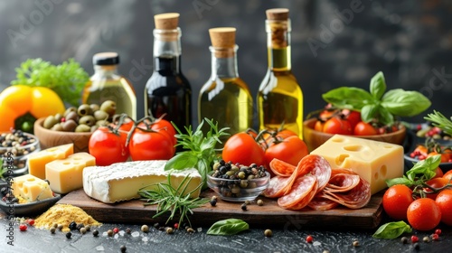a variety of cheeses, tomatoes, olives, tomatoes, and olive oil are on a cutting board.