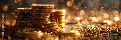 Bitcoin Cryptocurrency Represented as Gold Coins  Stacks of gold coins with bokeh background Money concept 