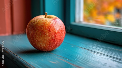 an apple sitting on a window sill in front of a blue window sill with a window pane in the background. photo