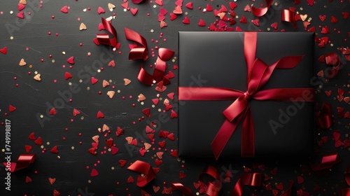 a black gift box with a red ribbon and a bow on a black background with red and gold confetti. photo
