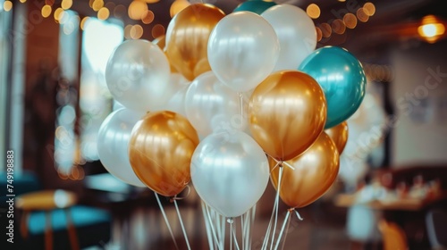 a bunch of balloons sitting on top of a table in front of a room filled with blue and gold chairs.