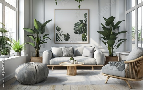 Modern living room interior with comfortable sofa, wooden coffee table, and indoor plants. Bright, minimalist design.
