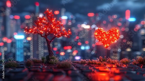 a couple of heart shaped lights on a tree in front of a cityscape with buildings in the background.