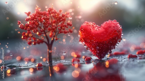 a heart shaped object sitting on top of a puddle of water next to a tree with drops of water on it. photo