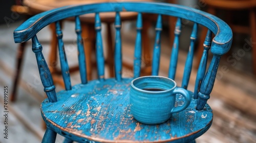 a blue cup sitting on top of a wooden chair on top of a wooden floor next to a wooden table. photo