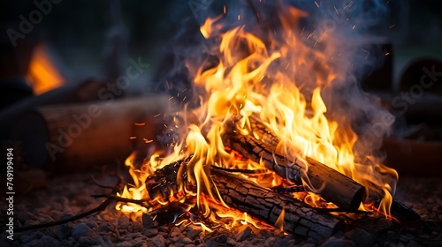 Burning firewood in a campfire close-up