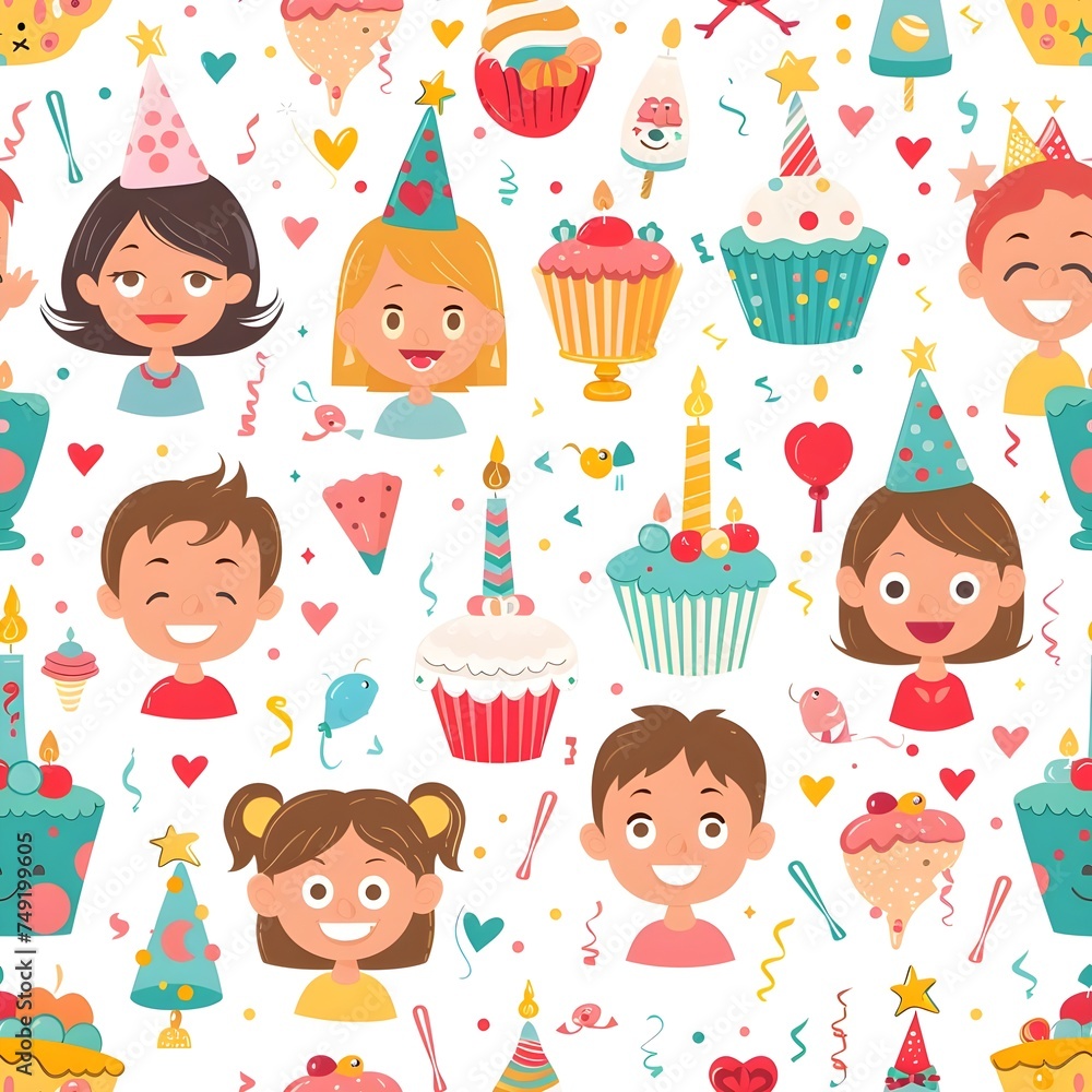 Seamless pattern kids birthday party, with cupcake and party hats Seamless pattern kids birthday party, with cupcake and party hats