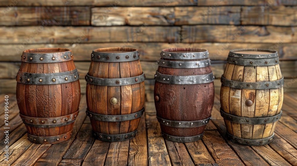 a group of wooden barrels sitting next to each other on a wooden table in front of a wood plank wall. a group of wooden barrels sitting next to each other on a wooden table in front of a wood plank wall.