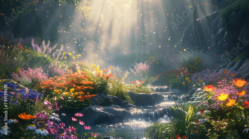 花に囲まれた小さな小川の小さな滝 © ayame123